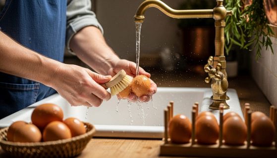Lavaggio con spazzola delle uova sotto l'acqua corrente