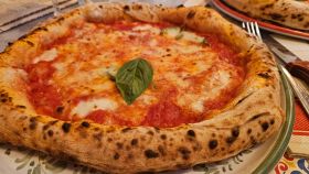 Il cornicione maculato di una pizza napoletana margherita con foglia di basilico
