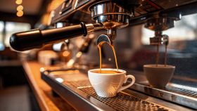 Tazzina di caffè doppio che esce dalla macchinetta del bar