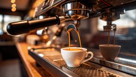 Tazzina di caffè doppio che esce dalla macchinetta del bar