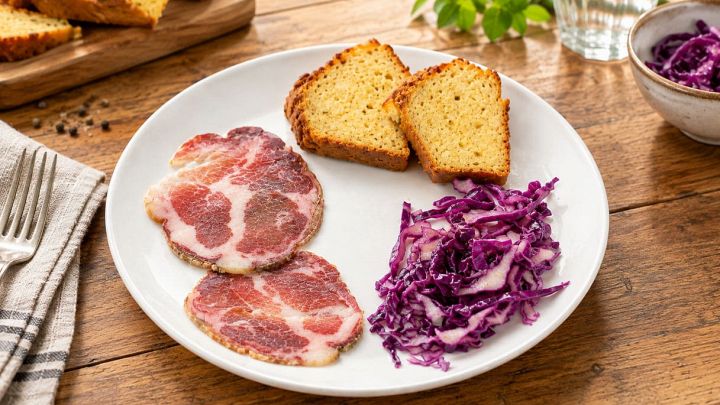 Due fette di ciambella cacio e pepe con lonza e cavolo nel piatto