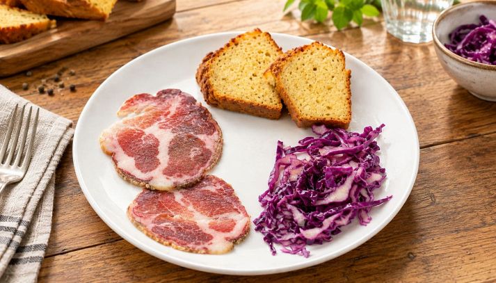 Due fette di ciambella cacio e pepe con lonza e cavolo nel piatto