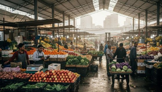 Veduta di un mercato ortofrutticolo rionale scoperto al mattino