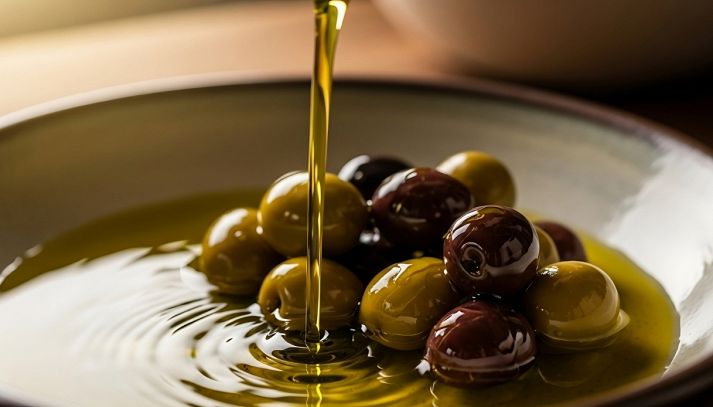 Un filo di olio extravergine viene versato in un piato con delle olive da tavola