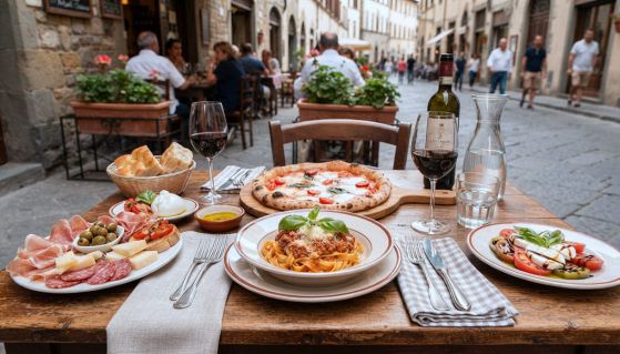 Tavolo del ristorante con tanti piatti italiani