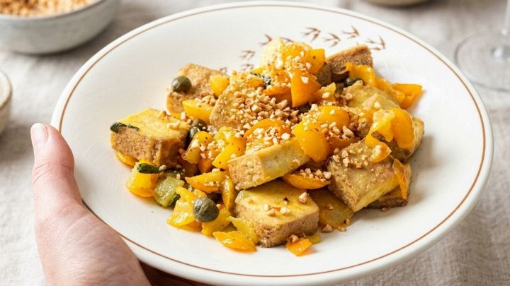 Mano regge piatto di tofu alla mediterranea