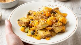 Mano regge piatto di tofu alla mediterranea