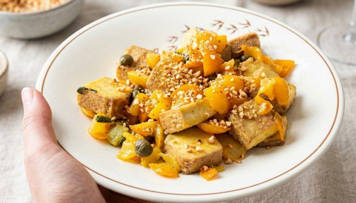 Mano regge piatto di tofu alla mediterranea