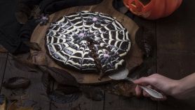 Torta al cioccolato decorata con ragnatela di cioccolato bianco