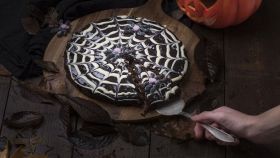 Torta al cioccolato decorata con ragnatela di cioccolato bianco