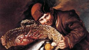 Ragazzo con la cesta di pesci e di aragoste