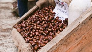 Cassetta di legno colma di castagne fresche su sacco di juta, esposta a una bancarella di sagra