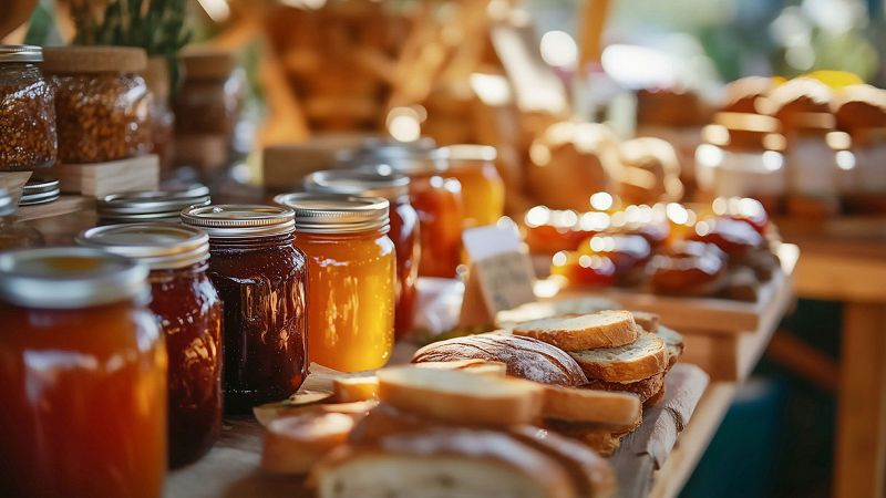 Barattoli di marmellata colorata e fette di pane disposte su un banco di mercato all’aperto