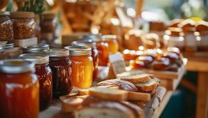 Barattoli di marmellata colorata e fette di pane disposte su un banco di mercato all’aperto