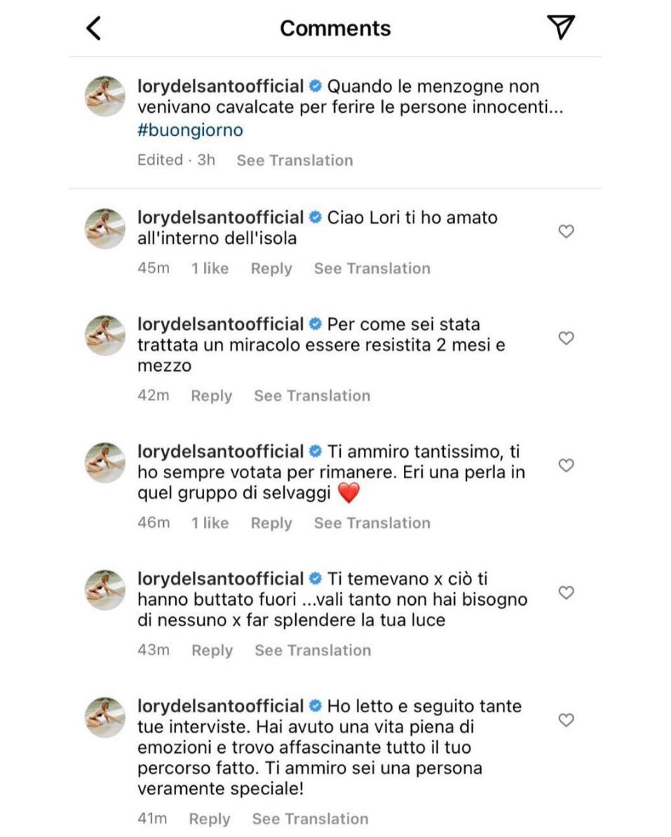 I commenti di Lory Del Santo su Instagram