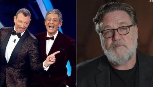 Sanremo - Fiorello, Amadeus e Russel Crowe