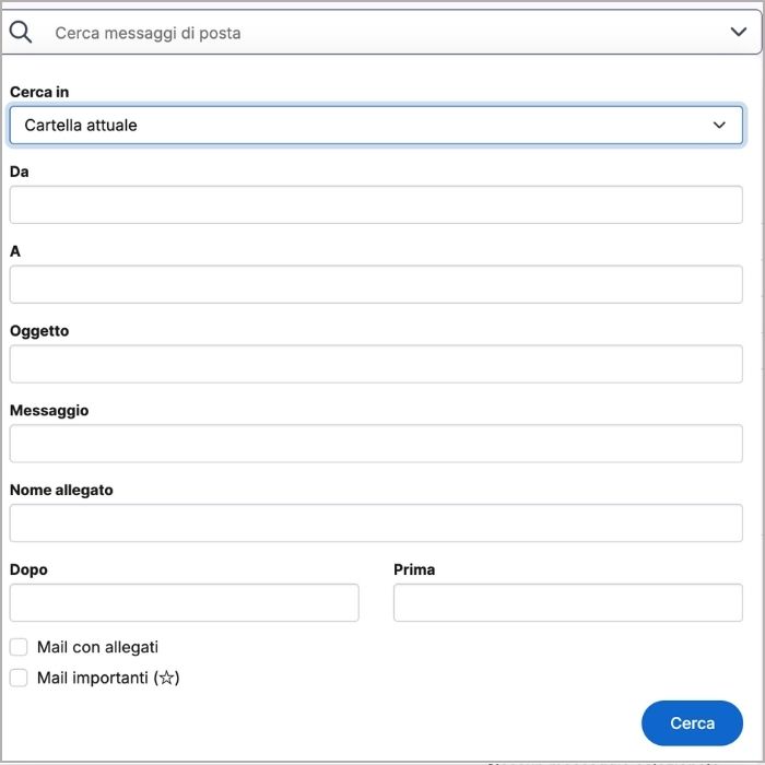 Pannello di Ricerca Avanzata di Libero Mail