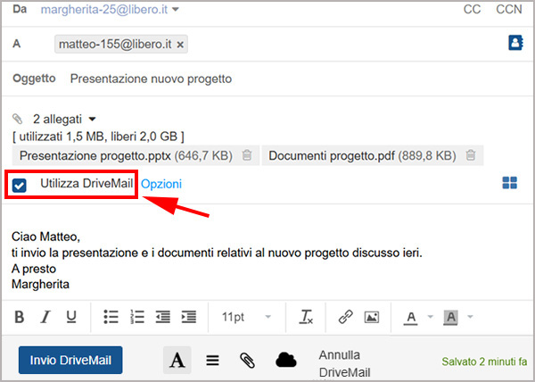 Selezione dopzione DriveMail nella schermata di composizione mail di Libero Mail