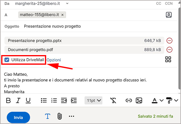 Selezione dell&rsquo;opzione DriveMail nella schermata di composizione mail di Libero Mail