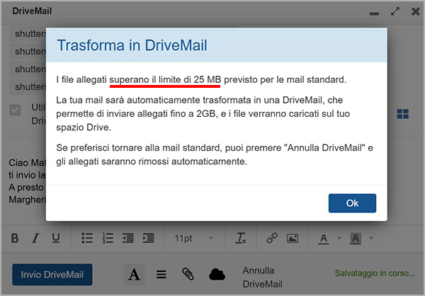 Avviso di conversione automatica in DriveMail per allegati oltre 25 MB