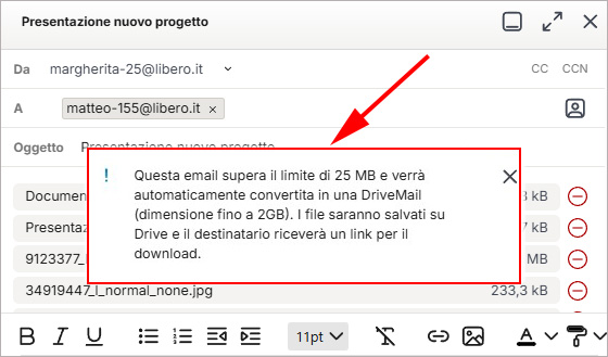 Avviso di conversione automatica in DriveMail per allegati oltre 25 MB