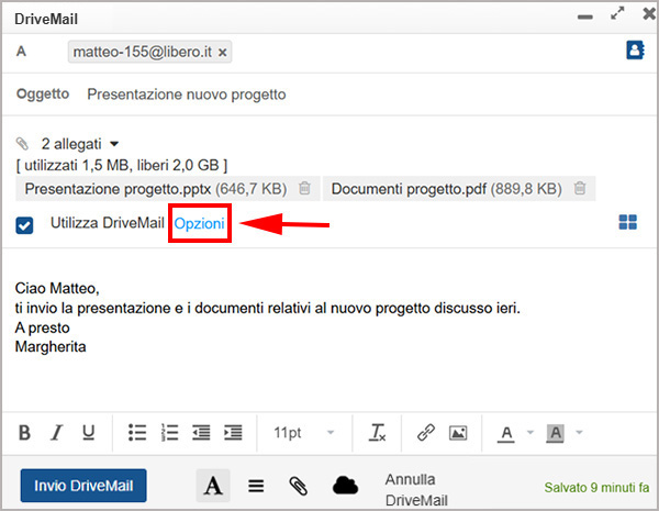 Voce Opzioni di una DriveMail di Libero Mail