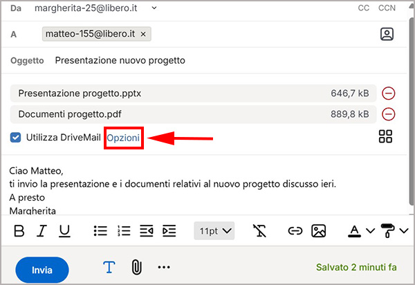 Voce Opzioni di una DriveMail di Libero Mail