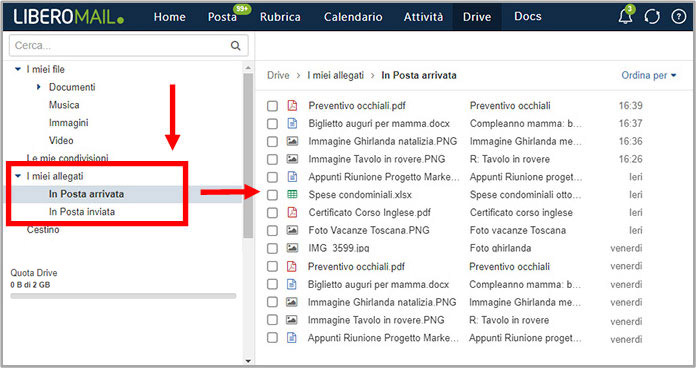 Vista degli allegati in Libero Drive