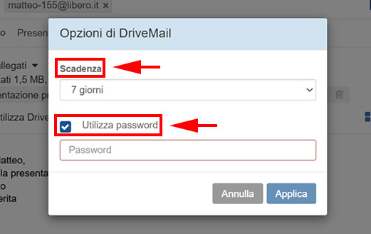 Impostazioni DriveMail con opzioni di scadenza e password