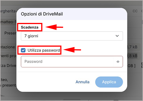 Impostazioni DriveMail con opzioni di scadenza e password