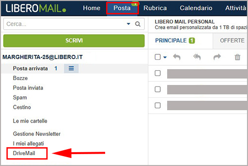 Voce Drive Mail evidenziata nel menu Posta di Libero Mail