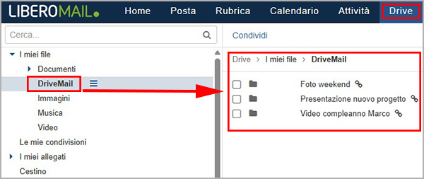 Sezione Drive Mail con evidenziate le cartelle dei file condivisi