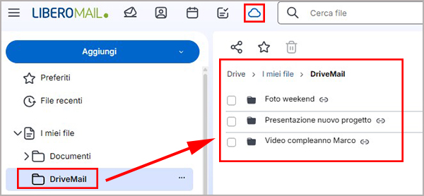 Sezione Drive Mail con evidenziate le cartelle dei file condivisi