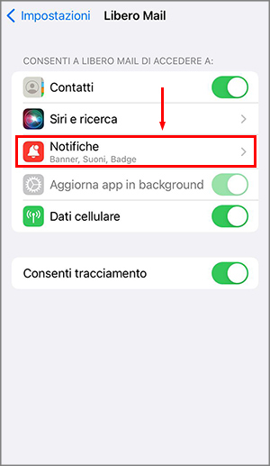 gestione notifiche Libero Mail App su iPhone
