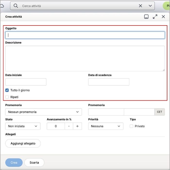 Campi descrizione attivit&agrave; impostata su Libero Mail