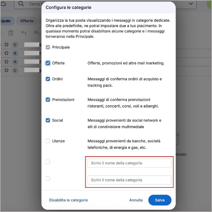 Categorie aggiuntive posta di Libero Mail