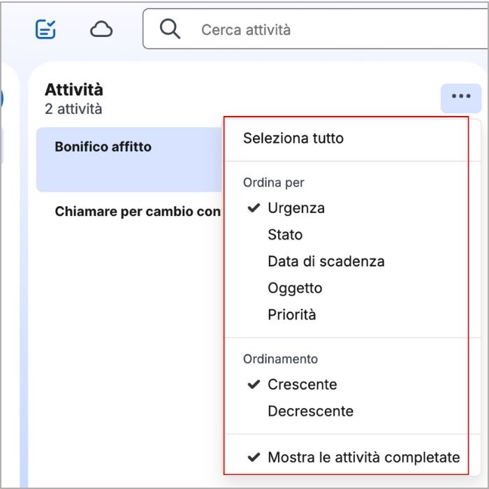 Sezione per ordinare l&rsquo;elenco delle attivit&agrave; su Libero Mail