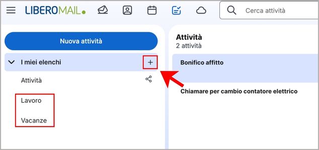 Pulsante per aggiungere nuovo elenco attivit&agrave; su Libero Mail
