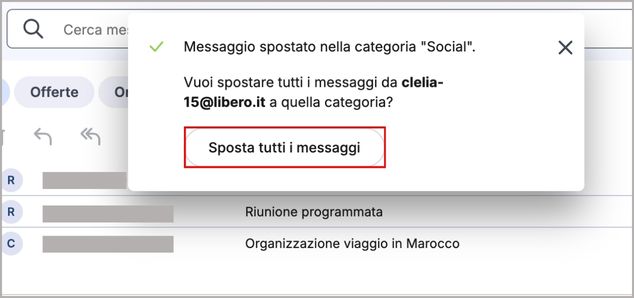 Pulsante sposta tutti i messaggi per le categorie di Libero Mail