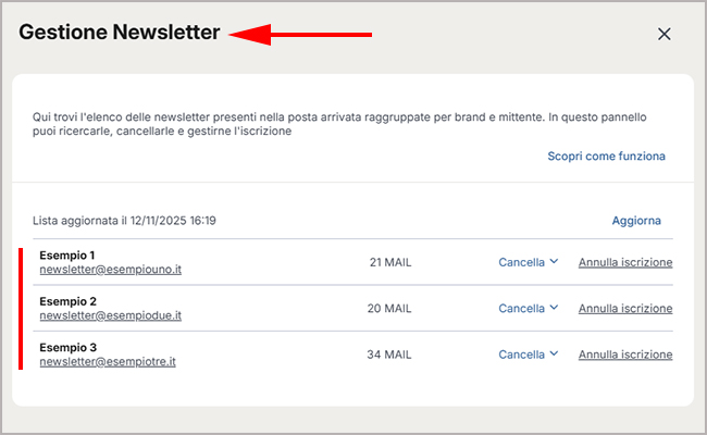Il pannello di Libero Mail per gestire e cancellare le newsletter