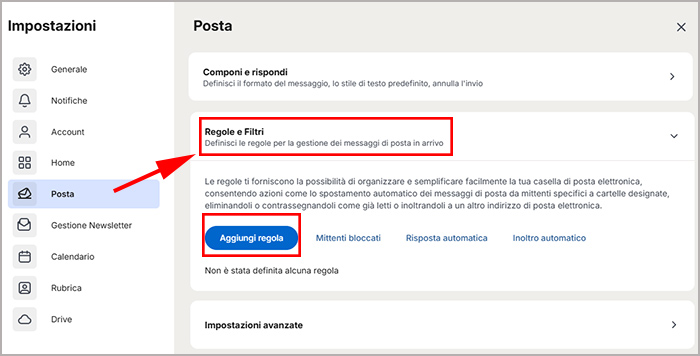 Dove configurare i filtri nelle impostazioni di Libero Mail
