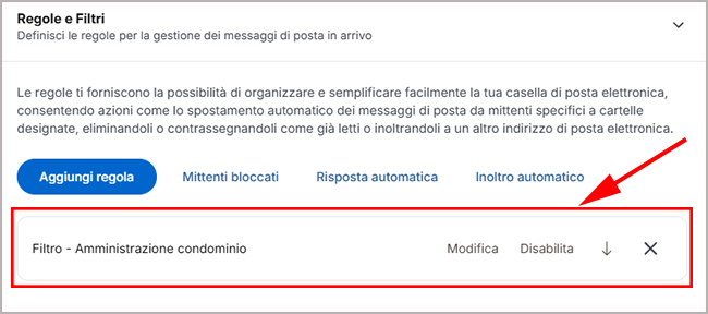 Visualizzazione dei filtri impostati su Libero Mail