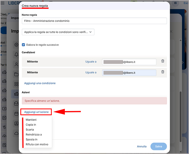 Il campo azione per personalizzare i filtri su Libero Mail