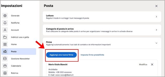 Tasto aggiunta firma Libero Mail