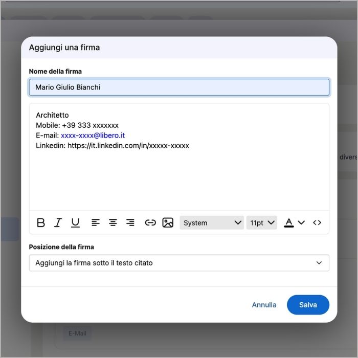 Esempio nuova firma Libero Mail