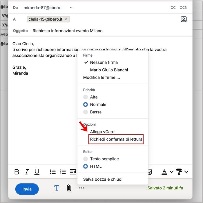 Pulsante richiesta conferma di lettura posta di Libero Mail