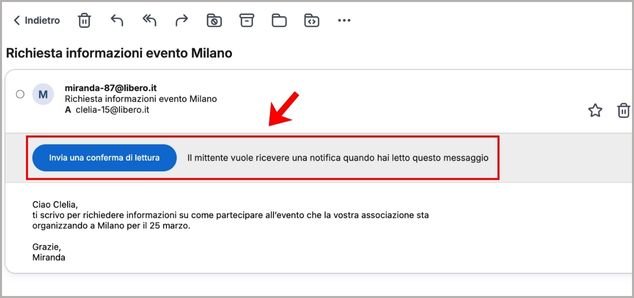 Notifica richiesta conferma di lettura posta di Libero Mail