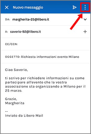 Pulsante menu invio posta dell&rsquo;app di Libero Mail