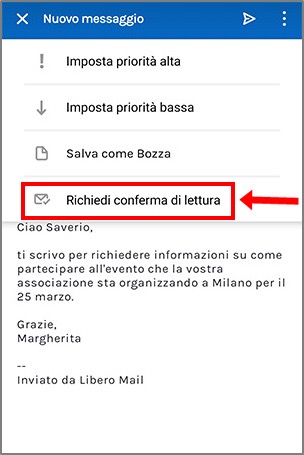 Pulsante richiesta conferma di lettura posta dall&rsquo;app di Libero Mail