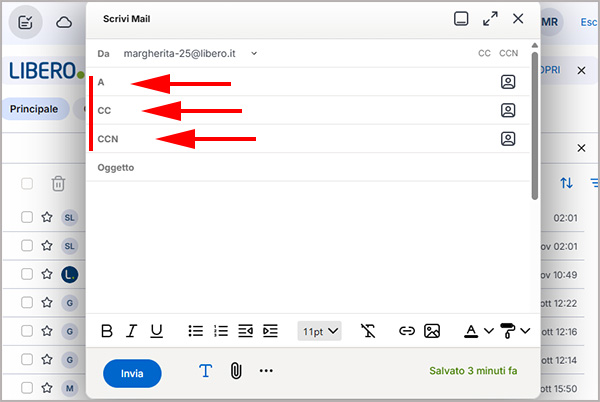 I campi per i destinatari A-CC-CCN su Libero Mail